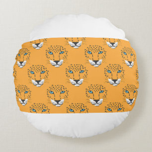 vintage orange seamless pattern with leopard heads round pillow