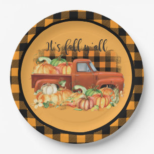 Vintage Orange Truck Fall Pumpkins Buffalo Check P Paper Plate
