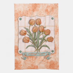 Vintage Orange Tulips Peach Pink Plaid Nice Ribbon Kitchen Towel