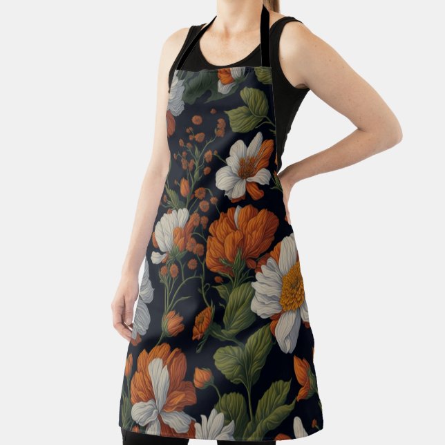 Vintage Orange white elegant retro flowers Apron (Insitu)