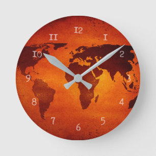 Vintage orange world map round clock