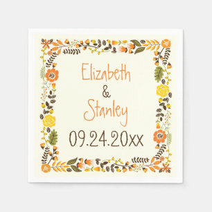Vintage orange yellow floral border modern wedding napkin