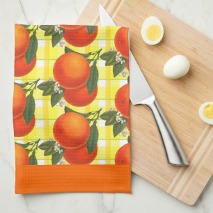 Vintage Oranges Yellow Plaid Pattern Orange Border Kitchen Towel