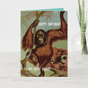 Vintage orangutans on a tree - Happy Birthday Card