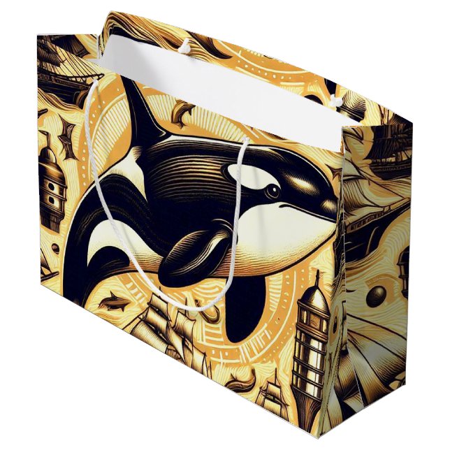 Vintage Orca Nautical Pattern Large Gift Bag (Back Angled)