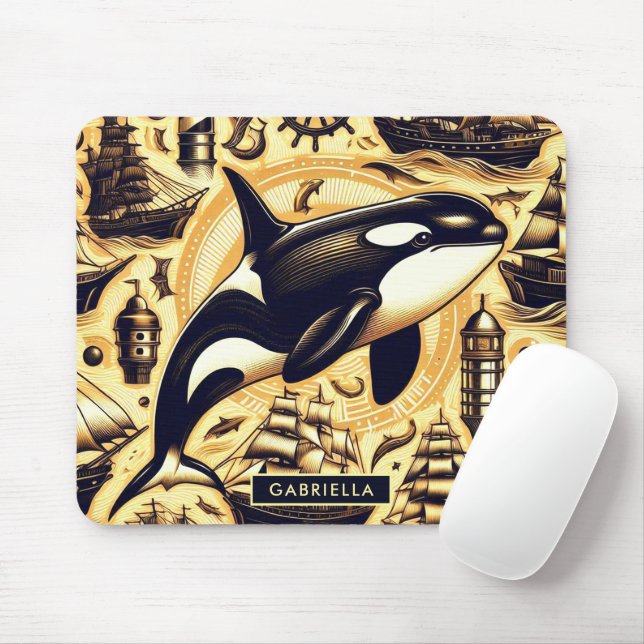Vintage Orca Nautical Pattern Mouse Pad (With Mouse)