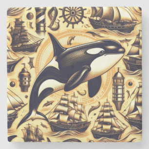 Vintage Orca Nautical Pattern Stone Coaster