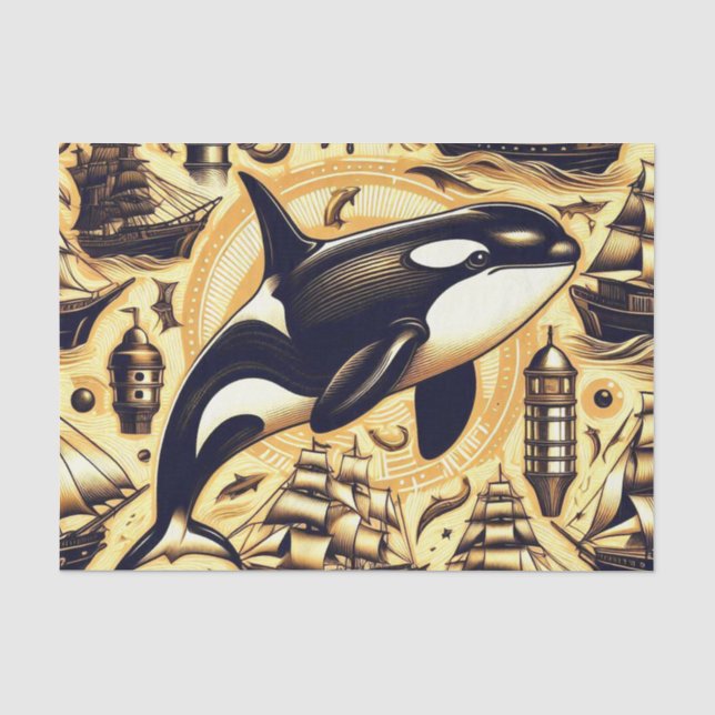 Vintage Orca Nautical Pattern Tissue Paper (Front)