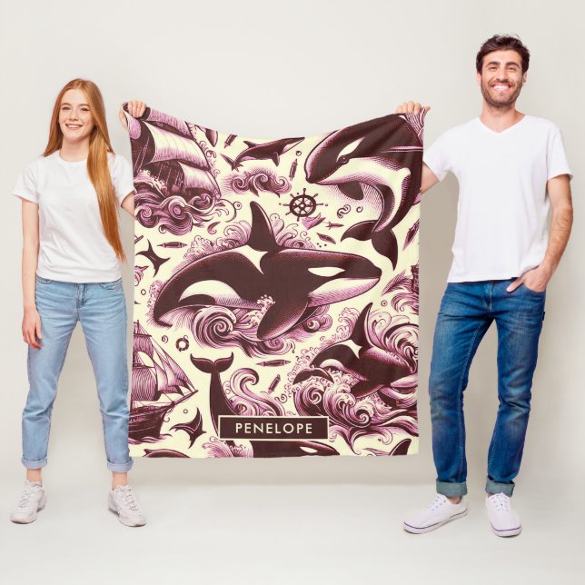 Vintage Orca Nautical Seamless Fleece Blanket (In Situ)