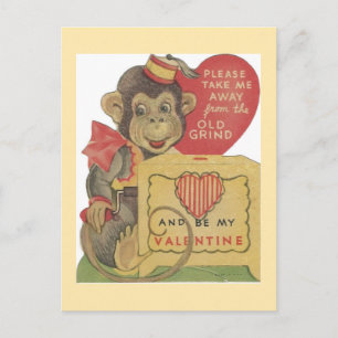 Vintage Organ Grinder Monkey Valentine Holiday Postcard