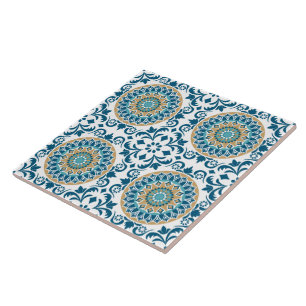 Vintage Oriental Decorative Blue, Brown & White Tile