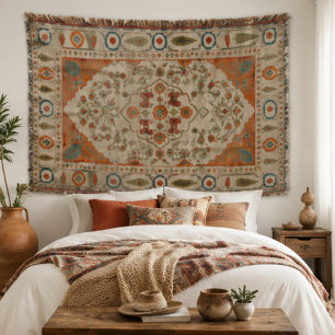 Vintage Oriental Floral Kilim Southwestern Boho  Throw Blanket