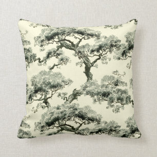 Vintage Oriental Japanese Bonsai Tree Pattern Throw Pillow