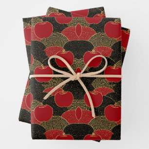 Vintage Oriental Pattern   Red Apple & Gold Fans Wrapping Paper Sheet