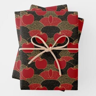 Vintage Oriental Pattern | Red Apple & Gold Fans Wrapping Paper Sheet