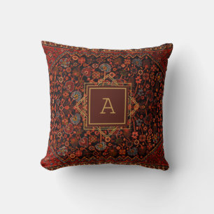 Vintage Oriental Rug Monogram Red Burgundy Gold Throw Pillow