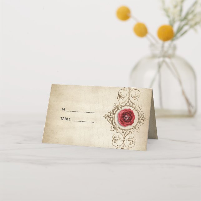 Vintage Ornament And Red Rose Place Card (Front)