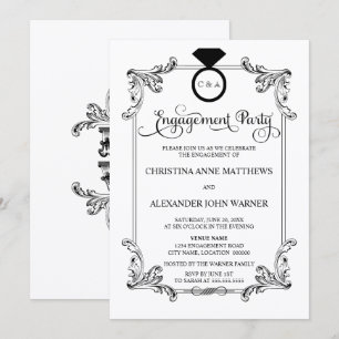 Vintage Ornament and Ring Script Engagement Party Invitation