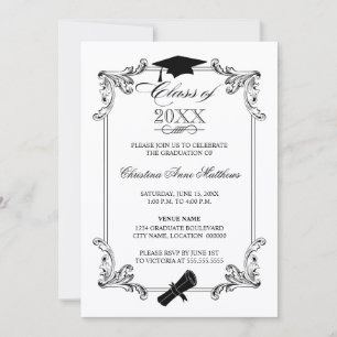 Vintage Ornament Cap and Diploma Graduation Invitation