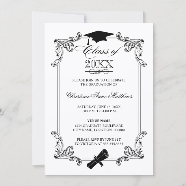 Vintage Ornament Cap and Diploma Graduation Invitation (Front)