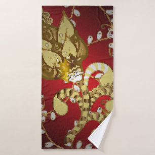 Vintage ornamental pattern on a red, yellow and b bath towel