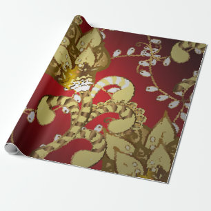 Vintage ornamental pattern on a red, yellow and b wrapping paper
