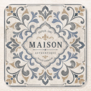 Vintage Ornamental Tile Design with Typography Square Paper Coaster
