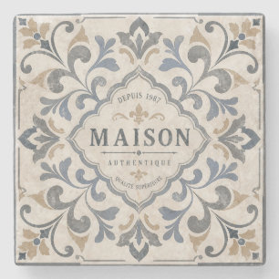 Vintage Ornamental Tile Design with Typography Stone Coaster