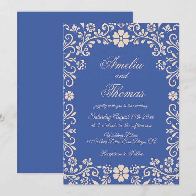 Vintage Ornaments Blue Wedding  Invitation (Front/Back)