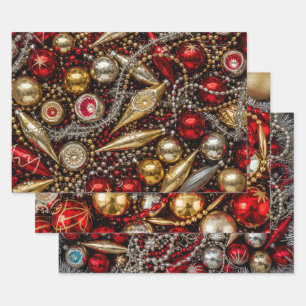 Vintage Ornaments: Gold & Red Christmas Wrapping Paper Sheet