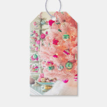 Vintage Ornaments on Pink Christmas Tree Gift Tag