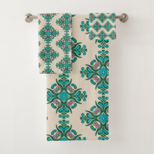 Vintage Ornate Art Nouveau Tile Pattern Green Blue Bath Towel Set