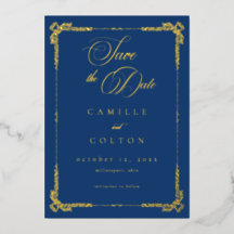 Vintage Ornate Blue Gold Scroll Gothic Save Date