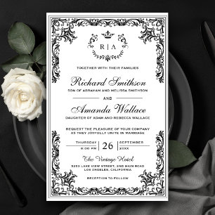 Vintage Ornate Budget White Wedding Invitation