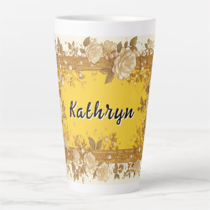 Vintage Ornate Floral Frame With Cream Roses Latte Mug