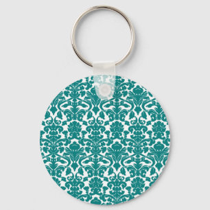 Vintage Ornate Floral Teal Damask Keychain