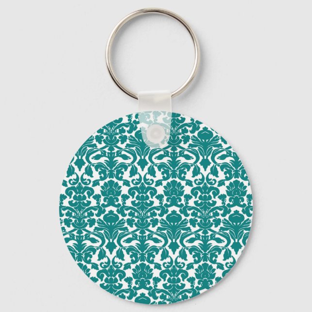 Vintage Ornate Floral Teal Damask Keychain (Front)