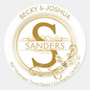 Vintage Ornate Gold Christmas Initial Address Classic Round Sticker