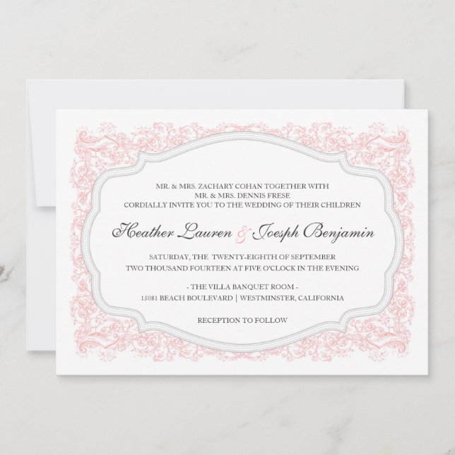 Vintage Ornate Pink & Grey Wedding Invitation (Front)