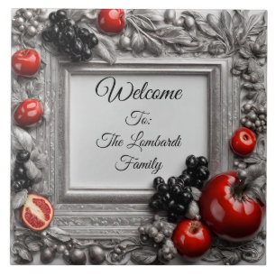 Vintage Ornate Silver Frame With Colorful Fruit Tile