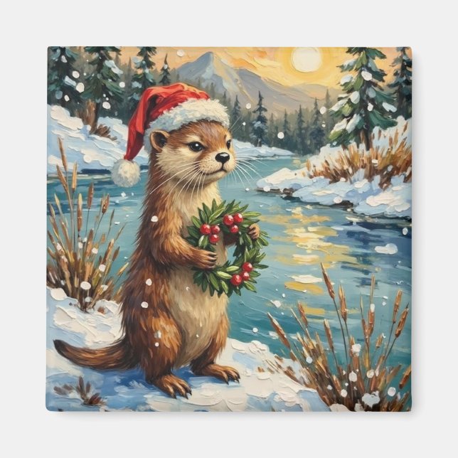 Vintage Otter with Christmas Wreath by Frozen Magnet (Front)