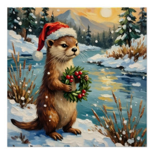 Vintage Otter with Christmas Wreath by Frozen Poster
