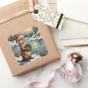 Vintage Otter with Christmas Wreath by Frozen Square Sticker