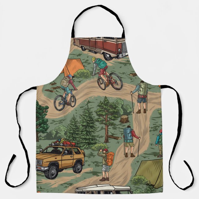 Vintage Outdoor Pattern: Hikers, Bicycles Apron (Front)