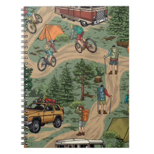 Vintage Outdoor Pattern: Hikers, Bicycles Notebook