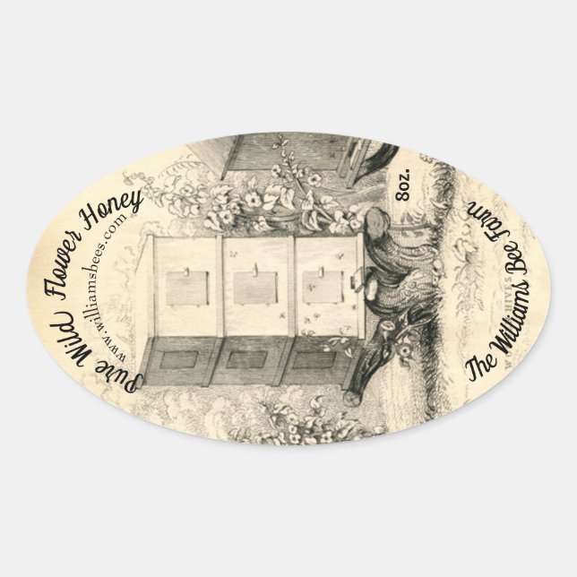 Vintage Oval Bee Hives Honey Jar Sticker (Front)