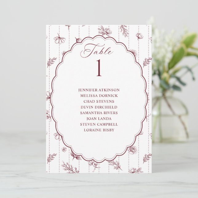 Vintage Oval Burgundy Red Wedding Seating Chart (Standing Front)