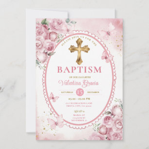 Vintage Oval Pink Butterfly Girl Baptism Cross Invitation