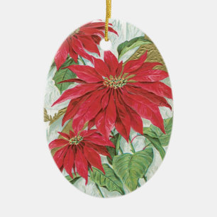 Vintage Oval Poinsettia Ceramic Ornament