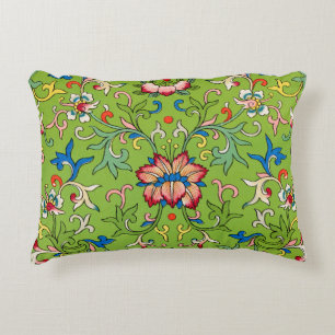 Vintage Owen Jones Chinese Ornament Green Floral Accent Pillow
